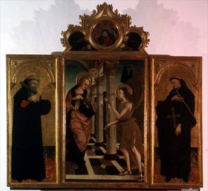 Triptyykki: keskipaneeli, jossa on ilmestys Jumalan kanssa, ja sivupaneelit, joissa on kahden pyhän hahmot (paneelissa tempera) tekijältä Nicola de Maestro Antonio