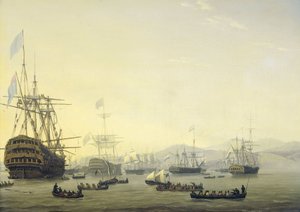 Sotaneuvosto "Queen Charlottella" lordi Exmouthin komennolla ennen Algerin pommitusta 26. elokuuta 1816 Neljä jaksoa englantilais-hollantilaisen laivaston ollessa Algerinlahdella, 26.-27. elokuuta 1816 (sarjan nimi)