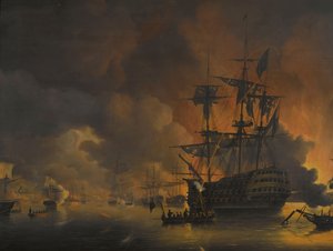 Palo Algerin laitureilla, pian sen jälkeen, kun englantilais-hollantilainen laivasto aloitti pommituksen, 27. elokuuta 1816 Neljä jaksoa englantilais-hollantilaisen laivaston ollessa Algerinlahdella, 26.-27. elokuuta 1816 (sarjan nimi)