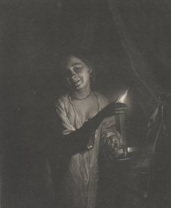 Nuori nainen pitelee kynttilää makuuhuoneessa, 1690-1715, 1690-1715. tekijältä Nicolaas Verkolje
