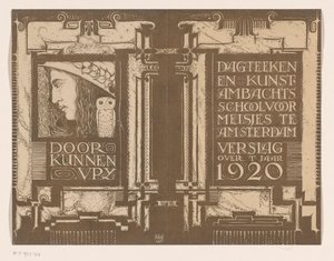 Bändisuunnittelu: Päivän raportti -piirustus- ja taidekäsityökoululle Amsterdamissa vuodelta 1920 tekijältä Nicolaas van de Vecht