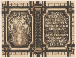 Bändisuunnittelu: Päivän raportti -piirustus- ja taidekäsityökoululle Amsterdamissa vuodelta 1919 tekijältä Nicolaas van de Vecht