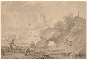 Paimen ja kalastajat eteläisessä jokimaisemassa tekijältä Nicolaes Berchem