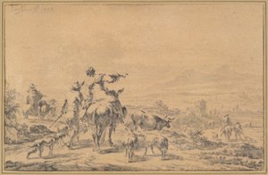 Paimenet italialaisessa maisemassa tekijältä Nicolaes Berchem
