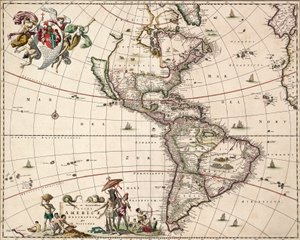 Amerikan kartta, noin 1671 (värillinen kaiverrus). tekijältä Nicolaes Jansz (1586 1652) Visscher