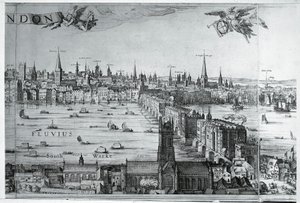 Iso-Britannia, Englanti, näkymä Lontoon kaupunkiin London Bridgen kanssa tekijältä Nicolaes Jansz (1586 1652) Visscher