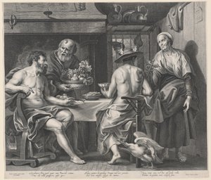 Jupiter ja Mercury viihdyttävät Philemon ja Baucis tekijältä Nicolaes Lauwers, after Jacob Jordaens