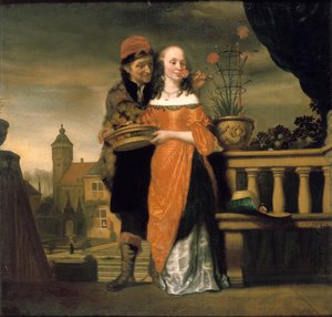 Mies pitelee neilikka naisen nenässä: Allegoria hajuaistista, ennen 1660 tekijältä Nicolaes Maes