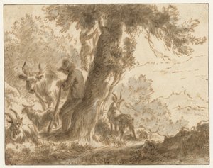 Paimen ja hänen karjansa puun vieressä tekijältä Nicolaes Pietersz Berchem (possibly)