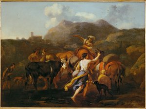 Cowherds and herd (maalaus kankaalle) tekijältä Nicolaes Pietersz. Berchem