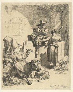 Paimen soittaa huilua ja kehrää tekijältä Nicolaes Pietersz Berchem