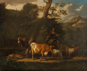 Paimentolaisnainen lehmien kanssa puun alla tekijältä Nicolaes Pietersz. Berchem