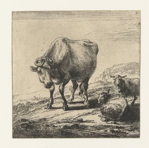 Lehmä ja kaksi lammasta Lehmät (sarjan nimi) tekijältä Nicolaes Pietersz Berchem