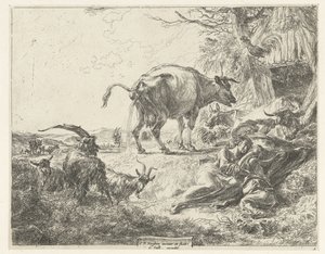 Nukkuva paimenperhe ja lepäävä karja tekijältä Nicolaes Pietersz Berchem