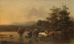 Nautakarja Nautalauma ylittämässä Fordin tekijältä Nicolaes Pietersz Berchem