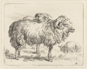 Twee rammen en een schaap Schapen (sarjan nimi) Studio and Art of Nicolai Berchem (sarjan nimi) herättää elämään ja painaa veteen voimakkaalla ilmalla eläimet