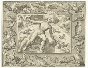 Ilmaelementti nuorena miehenä pilvien päällä lentävien lintujen välissä Aer (otsikko esineessä) The Four Elements (sarjan nimi) tekijältä Nicolaes de Bruyn