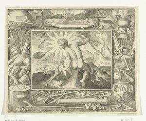 Tulen elementti nuorena miehenä salamavaloilla Ignis (otsikko esineessä) The Four Elements (sarjan nimi) tekijältä Nicolaes de Bruyn