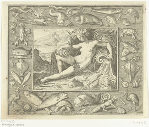 Elementti vettä naisena kaivossa kalan kanssa Aqua (otsikko esineessä) The Four Elements (sarjan nimi) tekijältä Nicolaes de Bruyn