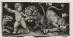 Lionit hyökkäävät lapsiin tekijältä Nicolaes de Bruyn