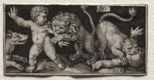 Lionit hyökkäävät lapsiin, 1594. tekijältä Nicolaes de Bruyn