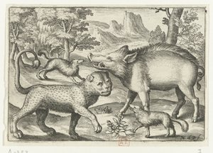 Leopardi, villisika ja kaksi koiraa Animalivm qvadrvpedvm (sarjan nimi) Eläimet maisemissa (sarjan nimi) tekijältä Nicolaes de Bruyn
