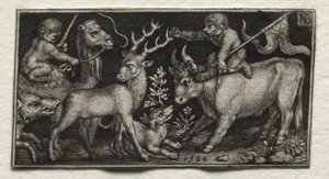 Apinat kamelin ja härän selässä, 1594. tekijältä Nicolaes de Bruyn