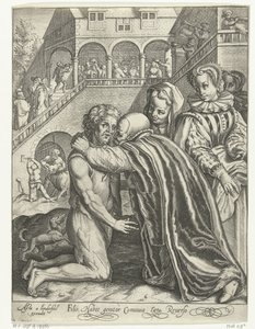 Tuhlaajapojan kotiinpaluu Filio habet conuiuia laeta Reuerso (otsikko esineessä) Tale of the Prodigal Son (sarjan nimi) tekijältä Nicolaes de Bruyn