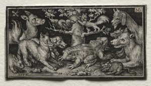 Kaksipäinen sammakko eläinten ympäröimänä, 1594.