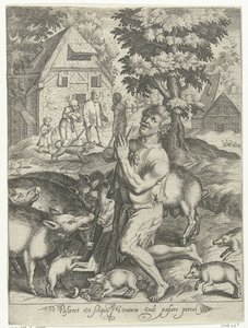 Tuhlaajapoika sikapaimena Pasceret vt siliquis ventrem täyttää pascere porcos (otsikko esineessä) Tale of the Prodigal Son (sarjan nimi) tekijältä Nicolaes de Bruyn
