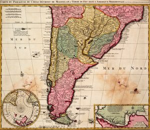Kartta Paraguaysta, Chilestä, Magellaninsalmen ja Tulimaan salmen alueesta Etelä-Amerikassa, noin 1720 (värillinen kaiverrus). tekijältä Nicolaes the Younger Visscher