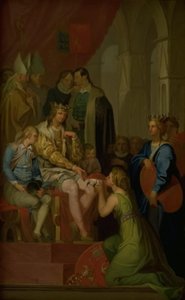 Christian I nostaa Holsteinin maakunnan herttuakunnan osavaltioksi vuonna 1460 tekijältä Nicolai Abildgaard