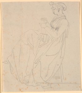 Tsee-moúnt, GrProfiilikuva taiteilijan toisesta vaimosta Juliane Marie Abildgaard s. Ottesenista, istuu ompelemalla, kokovartalo Wonder, Carrying Her Baby in Her Robe, 1832. tekijältä Nicolai Abildgaard