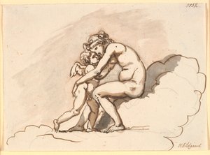 Pilvissä istuva Venus syleilee Cupidoa tekijältä Nicolai Abildgaard