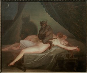 Painajainen. Paholainen istuu keskellä yötä nukkuvan alaston naisen vartalolla. Nicolas Abraham Abildgaardin (1743-1809) maalaus EC.Dan.