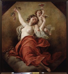 Bacchante (Bacchante). Paljasrintainen nainen pitelee viinirypäleterttuja, ja enkeli kantaa kuppia punaviiniä. Nicolai Apollonovich Malkovin (1794-1873) maalaus öljy kankaalle