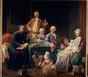""Leroyn perheen muotokuva"" Perhekohtaus, joka tuo yhteen papin, äidin ja lasten. Nicolas Bernardin (1735-1784) maalaus 1766-1767 Koko 136x147 cm Pushkin-museo, Moskova