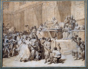 Ranskan vallankumous: Kansallinen konventti määrää orjuuden lakkauttamisesta siirtomaissa 4.2.1794 (16 Pluviose An II) Pariisissa. Mustepiirustus Nicolas Andre Monsiau (1754-1837) Su. 0,26x0,33 m Pariisi, Musee Carnavalet