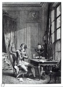 St. Preux vastaanottamassa Julien muotokuvaa, kuvitus Jean-Jacques Rousseaun (1712-78) La Nouvelle Heloise -teoksesta tekijältä Nicolas Andre Monsiau