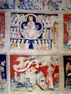 Ilmestyksen esirippu (1373-1383), n. 13: Jumala ja Karitsa, Kristuksen symboli. Alla, n. 20, kolme enkeliä vapauttavat voimat. Nicolas Bataillen kuvakudos (1330-1405) tekijältä Nicolas Bataille