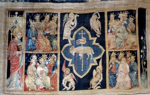 Ilmestysesirippu (1373-1383), n. 7: vanhukset antavat kunniaa karitsalle, Kristuksen vertauskuvalle. Nicolas Bataillen kuvakudos (1330-1405) tekijältä Nicolas Bataille