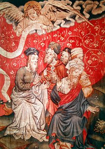 Yksityiskohta enkelistä, joka toi evankeliumin miehille, nro. 49, The Apocalypse of Angers, 1373-87 tekijältä Nicolas Bataille