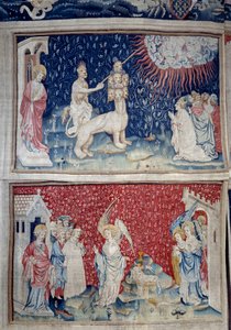 Ilmestyskirjan ripustus (1373-1383), n. 44: Maan Bete saa tulta putoamaan taivaasta. Alla, n. 51, kolmas enkeli ja karitsa. Nicolas Bataillen kuvakudos (1330-1405) tekijältä Nicolas Bataille