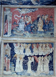 Ilmestyskirjan ripustus (1373-1383), n. 49: ensimmäinen enkeli julistaa voiton. Alla, n. 56, seitsemän enkeliä kantavat seitsemän Jumalan vihan pulloa. Nicolas Bataillen kuvakudos (1330-1405) tekijältä Nicolas Bataille
