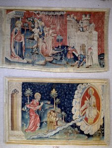Ilmestyskirjan ripustus (1373-1383), n. 72: Saatana piirittää kaupunkia. N. 74: Pyhä Johannes ennen Kristusta. Nicolas Bataillen kuvakudos (1330-1405) tekijältä Nicolas Bataille