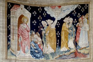 Ilmestyskirjan ripustus (1373-1383), n. 28: ihme. Fidelesin Jumalan palvelijat ja profeetat katsovat vereksi muuttunutta jokea. Nicolas Bataillen kuvakudos (1330-1405) tekijältä Nicolas Bataille