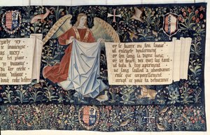 Ilmestyskirjan ripustus (1373-1383), enkelit kantoivat kärsimyksen välineitä. Nicolas Bataillen kuvakudos (1330-1405) tekijältä Nicolas Bataille
