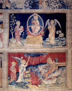 Ilmestyskirjan esirippu (1373 -1383), nro. 15 ja 18: Jumala ja Pyhä Johannes itkevät nähdessään katastrofin. Nicolas Bataillen kuvakudos (1330-1405) tekijältä Nicolas Bataille