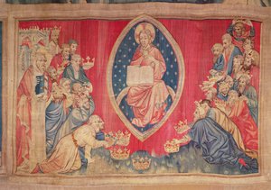 Kaksikymmentäneljä vanhinta kumartuvat Jumalan eteen, Angersin Apocalypse Tapestry, 1373-87 (kuvakudos) tekijältä Nicolas Bataille