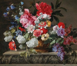 Asetelma ruusuista, tulppaaneista, anemoneista ja lilasta, 1600-luvun toinen puoli. tekijältä Nicolas Baudesson